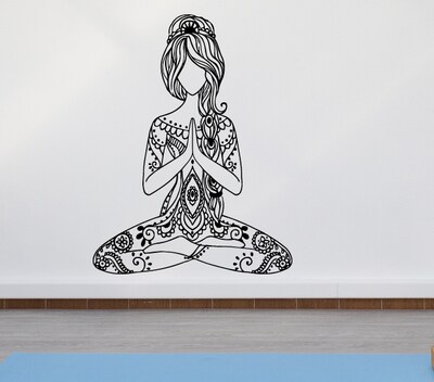 Yoga Girl Chakra Wall Decal, Yoga Studio Decor, Yoga Room Art, Floral Girl Yoga Decal, Yoga Stencil, Motivational Yoga Decor, Yoga Art nm173 - image2